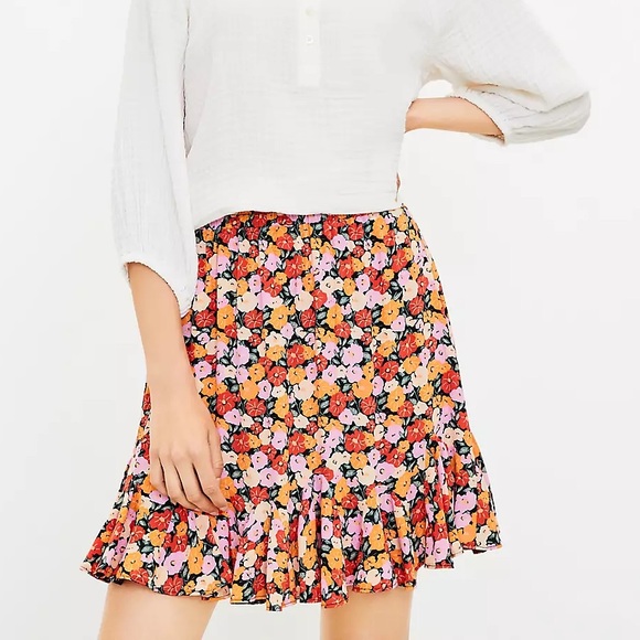 LOFT Floral Skater Skirt with Pink and Orange Blooms - Picture 1 of 4